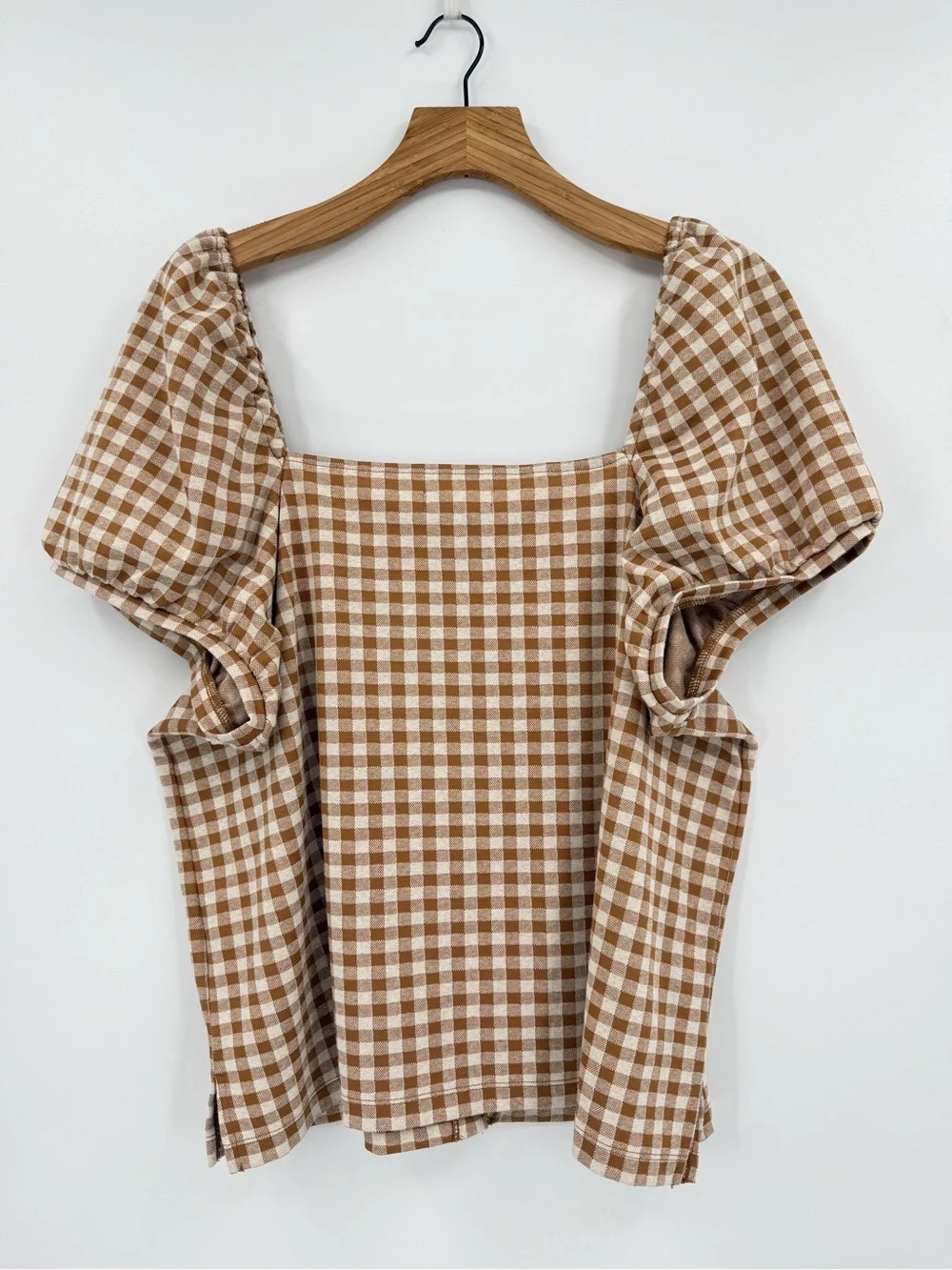 Madewell Gingham Jacquard Square-Neck Puff-Sleeve Top in Saddle Brown Size XXL